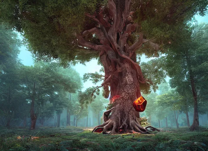 Image similar to huge tree as a rubic cube on a forest, au naturel, hyper detailed, digital art, trending in artstation, cinematic lighting, studio quality, smooth render, unreal engine 5 rendered, octane rendered, art style by pixar and dreamworks and disney and riot