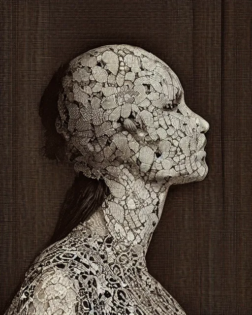 Image similar to a woman's face in profile, made of intricate decorative lace skeleton, in the style of the dutch masters and gregory crewdson, dark and moody