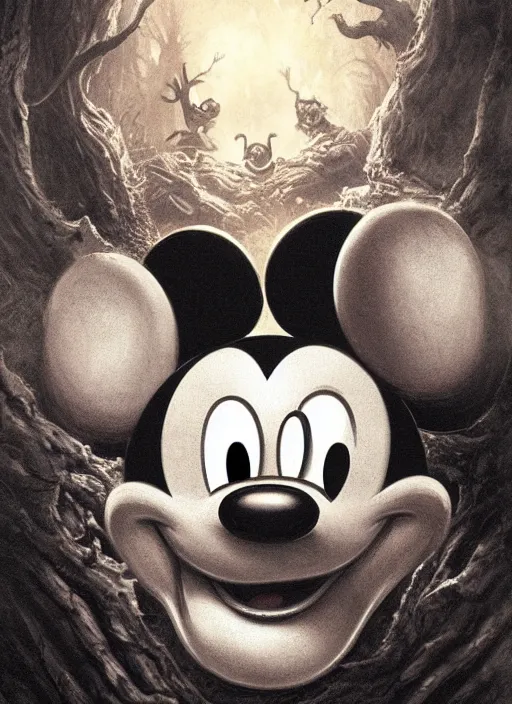 Prompt: portrait of mickey mouse in evil dead ( 2 0 1 3 ), depth of field, soft focus, highly detailed, intricate, realistic, national geographic cover, soft glow, textured, artstation, concept art, sharp focus, illustration, artgerm, greg rutkowski, earl norem