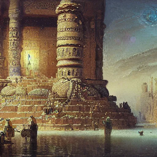 Image similar to detailed painting of a multiverse gateway in ancient mesopotamia in the middle of a sulphur lake, filigree ornaments, andreas achenbach, simon stalenhag