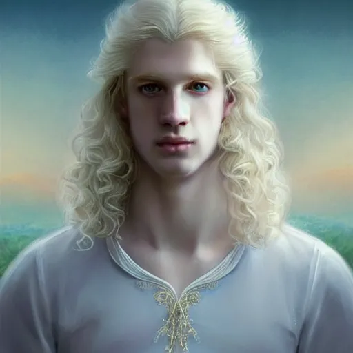 Prompt: Portrait of magical blond prince, very very very very pale white skin, long curly blond hair, dreamy and ethereal, pastel blue eyes, peaceful expression, ornate frilly regal shirt, fantasy, intricate, elegant, dynamic lighting, highly detailed, digital painting, artstation, concept art, smooth, sharp focus, illustration, art by artgerm and greg rutkowski and alphonse mucha