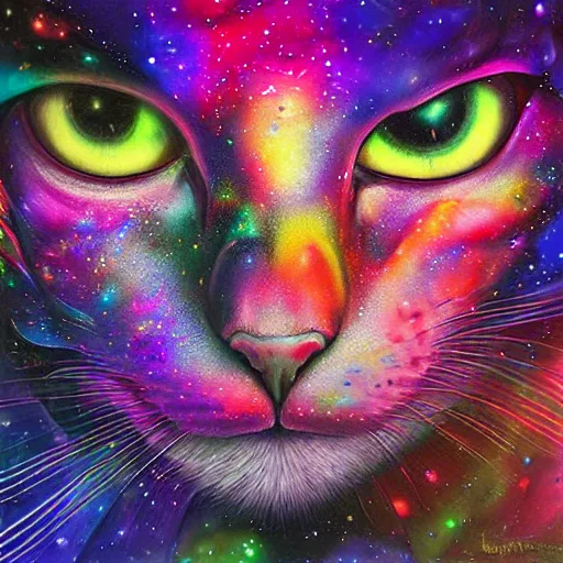 Image similar to a galaxy colored psychedelic chakra awakening kundalini ethereal portrait of a cat with her eyes closending to a higher plane of existence, eternal blessing, multiverse, by android jones, by ben ridgeway, visionary art, by artgerm, featured on artstation, cgsociety, by greg rutkowski