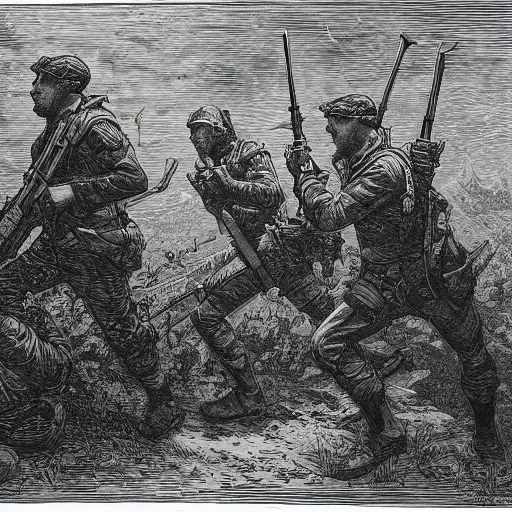 Image similar to A scene from Counter Strike, wood engraving, by Gustave Dore