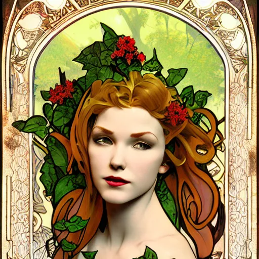 Image similar to poison ivy, octane render, in the style of alphonse mucha, ultra realistic, highly detailed, 8 k