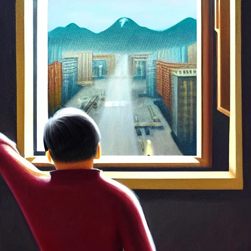 Prompt: An Oil Painting of the back view of Rivers Cuomo in a sweater with long hair and a mustache sweating bullets as he looks outside his window in front of him in his apartment to see kim jong un's nukes falling onto the city, hyperrealistic, extremely realistic, highly realistic, HD Quality, 4k resolution, 8k resolution, Detailed, Very Detailed, Highly Detailed, Extremely Detailed, Intricate Details, Real, Very Real, Oil Painting, Digital Painting, Painting, Trending on Deviantart, Trending on Artstation