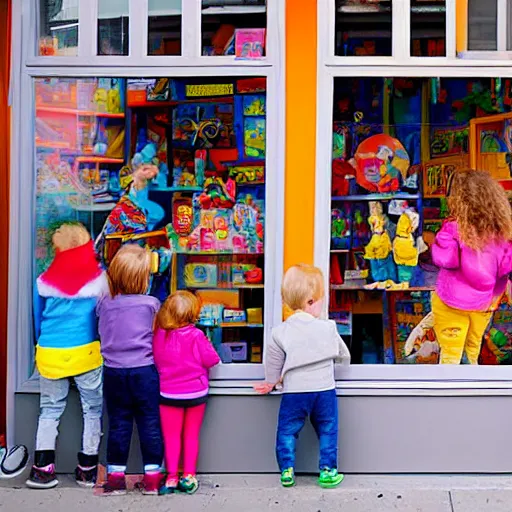 Prompt: kids peeking through a toy store's window from outside, painting