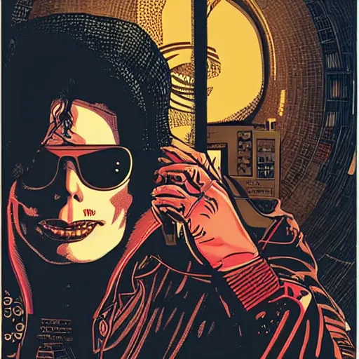 Prompt: Illustrated by Shepard Fairey and Moebius | Cyberpunk Michael Jackson with VR helmet, surrounded by cables