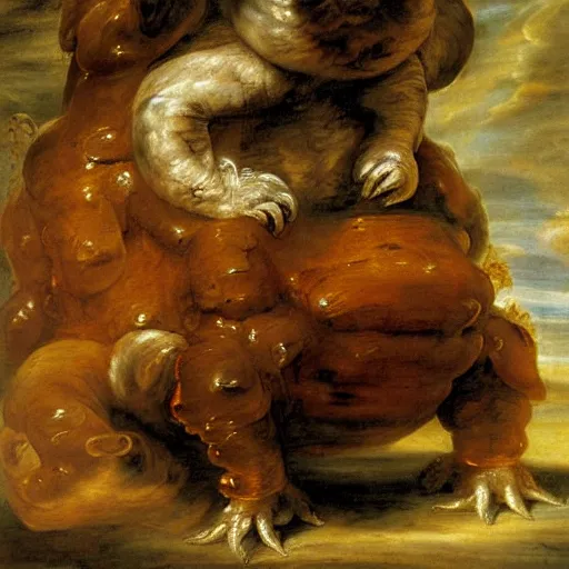Image similar to tardigrade resting on a baroque armchair oil on canvas by Peter Paul Rubens