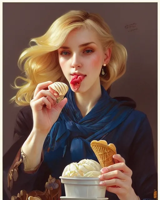 Image similar to Painting of a blonde lady eating an ice cream in Porto,real life skin, intricate, elegant, highly detailed, artstation, concept art, smooth, sharp focus, art by artgerm and greg rutkowski and alphonse mucha