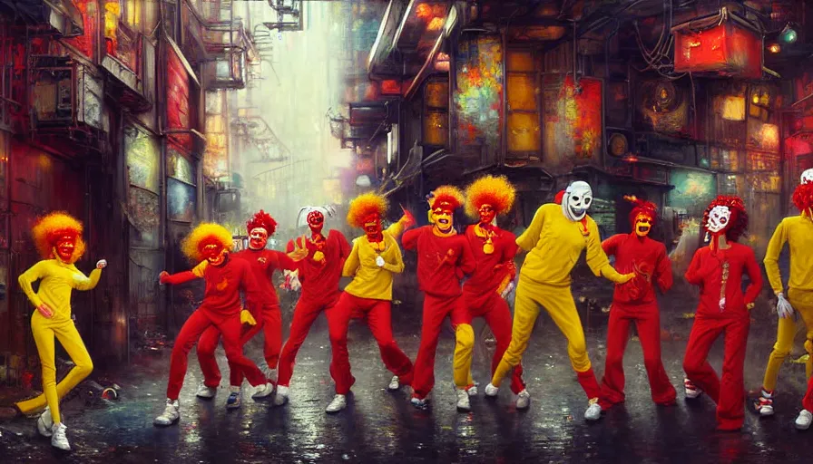 Image similar to highly detailed painting of a group of ronald mcdonalds with red afros, white facepaint, red noses and yellow tracksuits dancing in a cyberpunk alleyway by william turner, by greg rutkowski, by william constable, thick brush strokes and visible paint layers, 4 k resolution, retrowave colour scheme