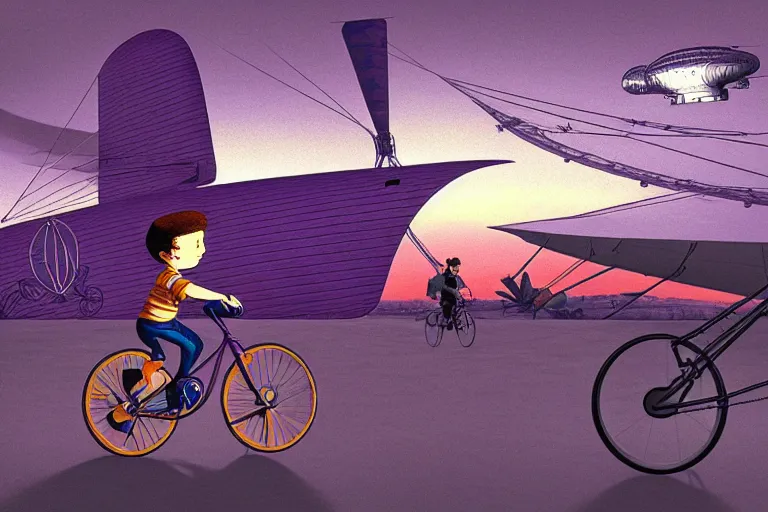 Prompt: kid rides a bicycle waving good bye to the airship at sunset, in the style of otto eckmann, intricate and epic composition, purple by caravaggio, insanely quality, highly detailed, masterpiece, purple light, artstation, 4 k