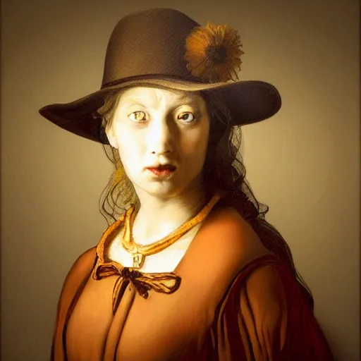 Prompt: digital portrait of luna influenced by rembrandt, precisionist background. the woman's face is illuminated by a warm, golden light, and her gaze is downcast, as if she is lost in thought. the background is composed of geometric shapes and clean lines, creating a contrast with the woman's more organic features