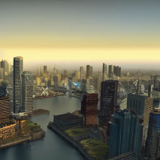 Prompt: canary wharf, screenshot from simcity pc game, unreal engine, 8 k, max graphics settings