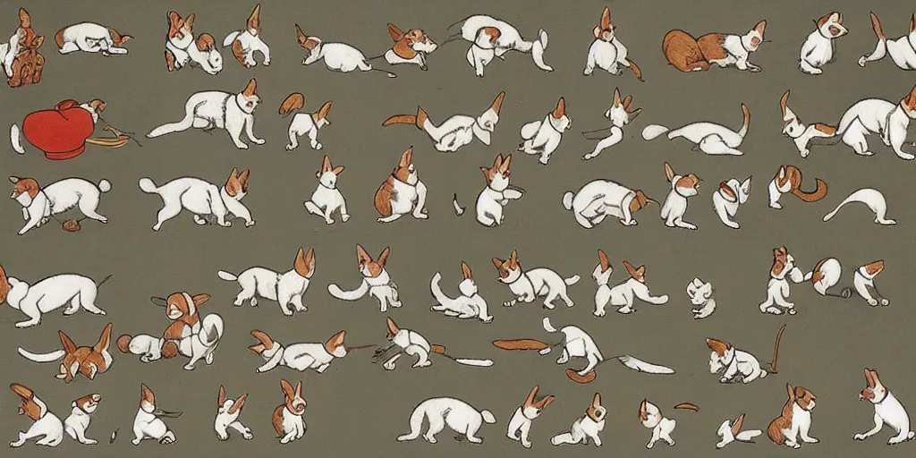 Prompt: jack russel dog, sprite sheet illustrated by peggy fortnum and beatrix potter and sir john tenniel