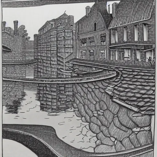 Prompt: a city by the river, drawing by m. c. escher