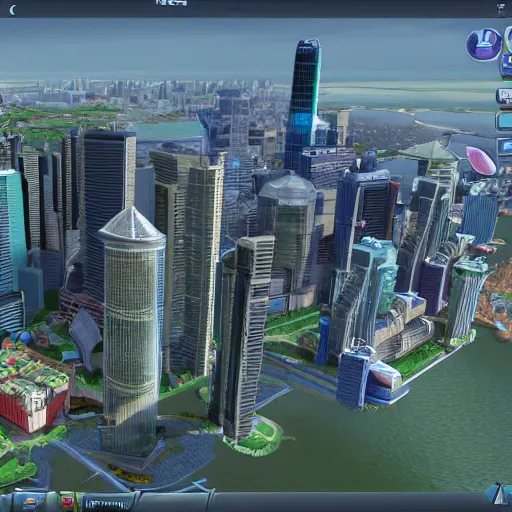 Prompt: canary wharf, screenshot from simcity pc game