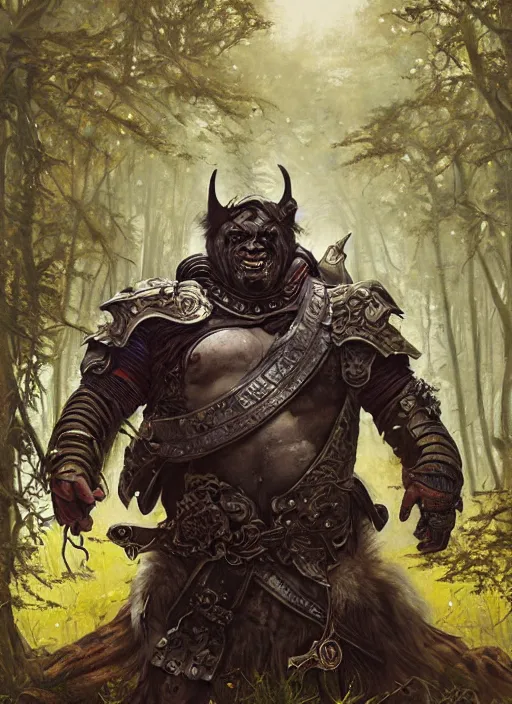 Image similar to a portrait painting of a grim male orc wearing plate armor on a beautiful lush forest meadow, morning, art by Tristan Eaton, Stanley Artgerm, Tom Bagshaw, Greg Rutkowski, Carne Griffiths