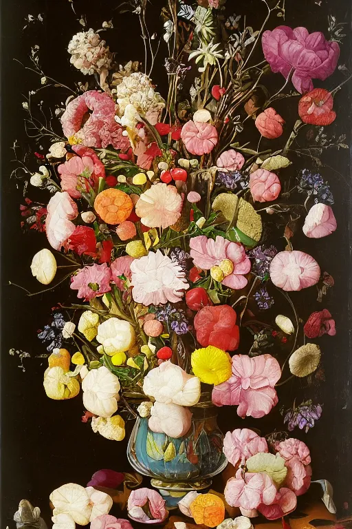 Prompt: still life of a bouquet of flowers, but the flowers are actually gummy bears and jelly beans, delicious rubbery translucent squishy sweets, soft light, highly detailed, close up, Northern Renaissance