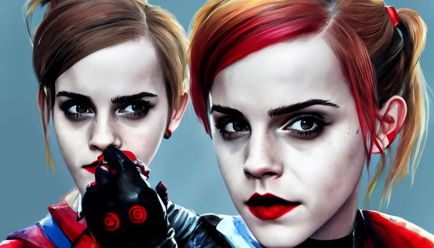 Image similar to Emma Watson is Harley Quinn, hyperdetailed, artstation, cgsociety, 8k