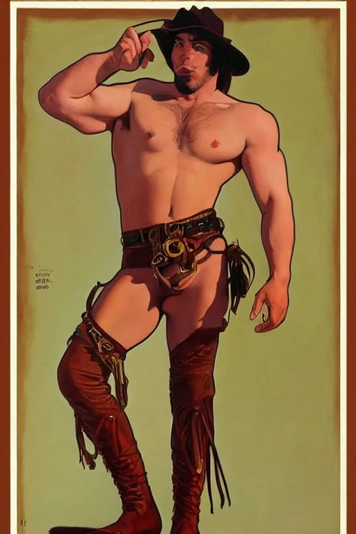 Prompt: an homoerotic painting of a handsome shirtless cowboy wearing a bandolier and fringed leather pants | red desert mesa background at twilight | by bill ward, by tom of finland, by clyde aspevig, by alphonse mucha | trending on artstation