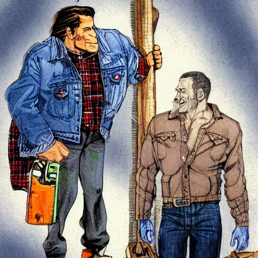 Prompt: character concept art HD render of a modern human, with a strongman's build, wearing a flannel jacket and blue jeans. by Michael William Kaluta.