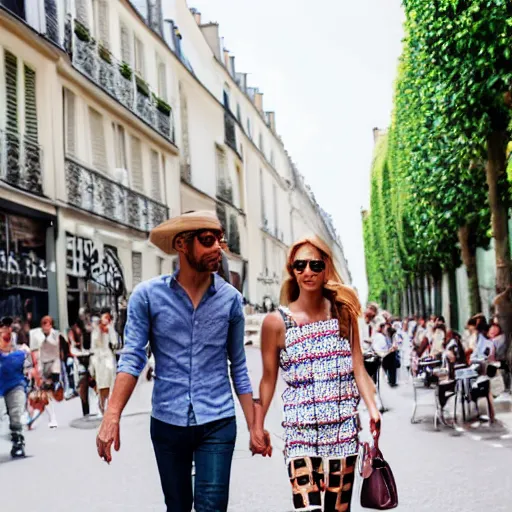 Image similar to fashionable couple walking down a street in paris, warm summer day