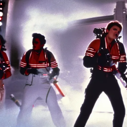 Image similar to stunning awe inspiring michael jackson playing a ghostbuster in the movie ghostbusters, movie still 8 k hdr atmospheric lighting