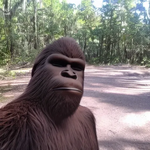 Image similar to bigfoot taking a selfie at the swamp