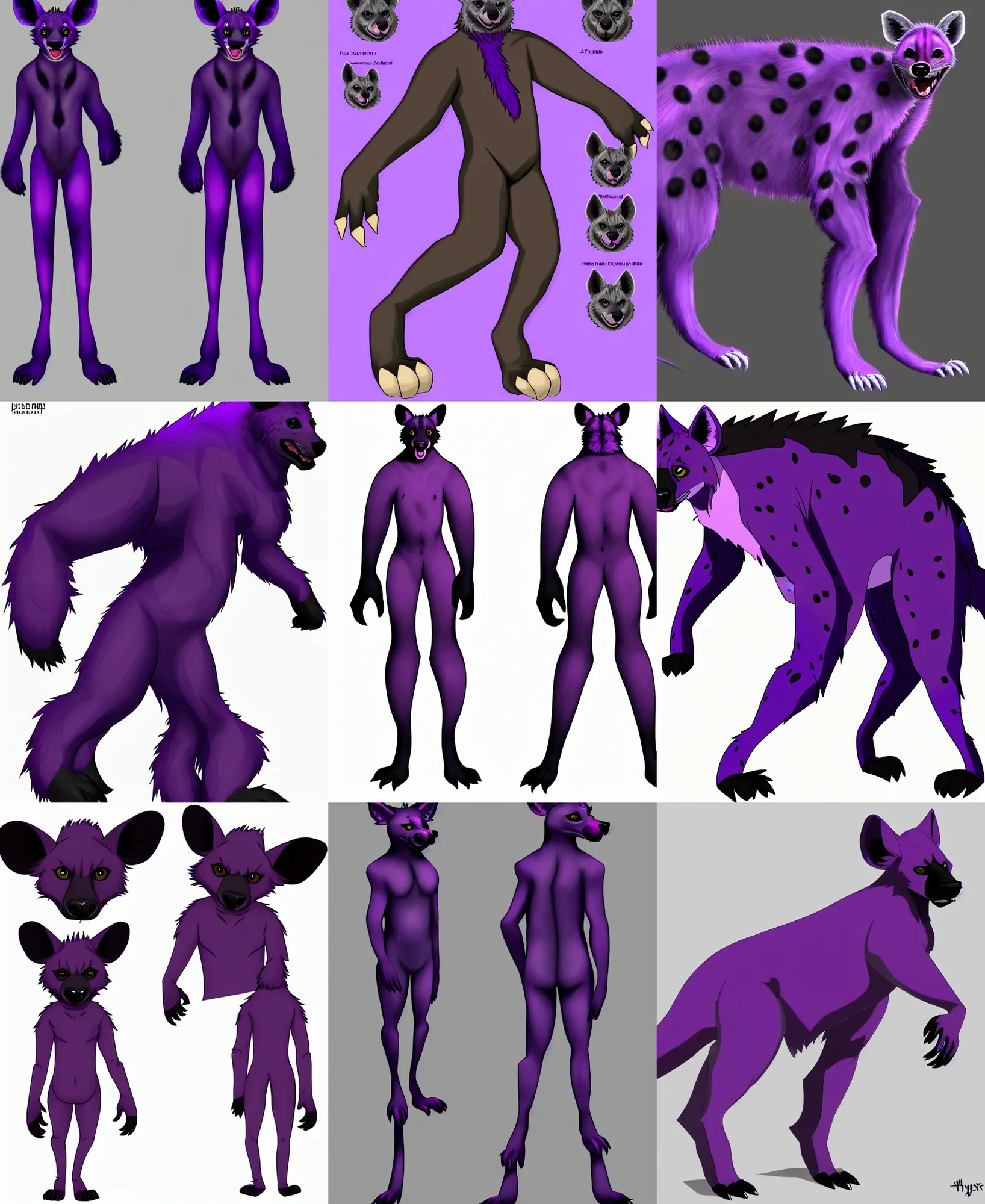 Prompt: a full - body centered front - perspective furry reference sheet, a male hyena fursona, purple and black color scheme, trending on weasyl, high - resolution, photorealistic