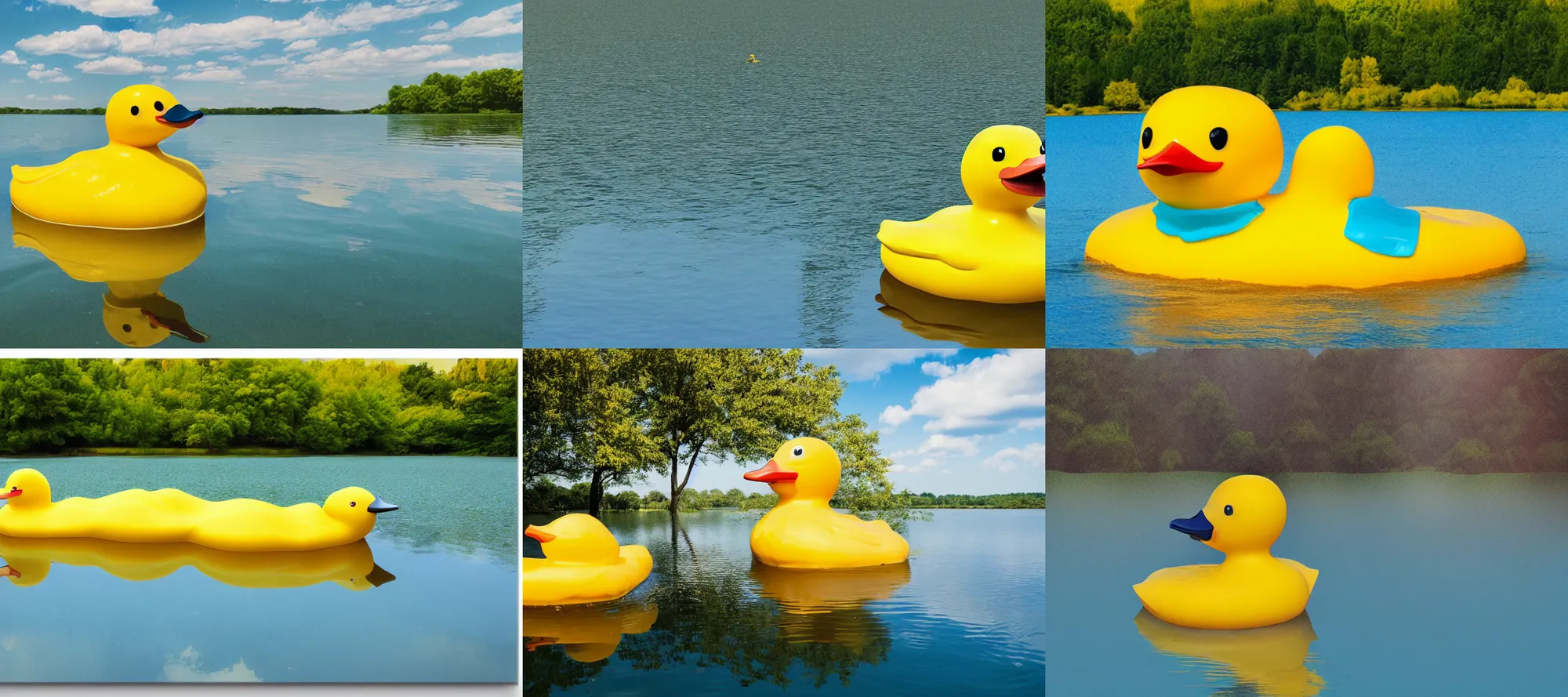 Prompt: a giant yellow rubber duck swimming in a lake on a summers day, blue sky, trees, trending on art station, dynamic lighting, stark contrasts, detailed and intricate environment