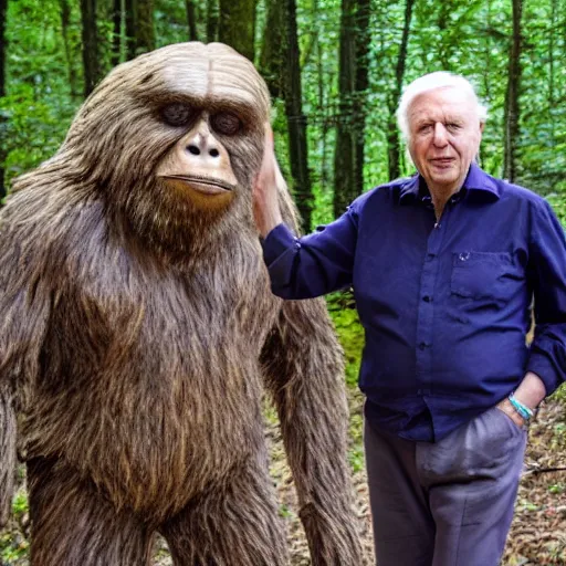 Image similar to Sir David Attenborough in the woods with Bigfoot Sasquatch