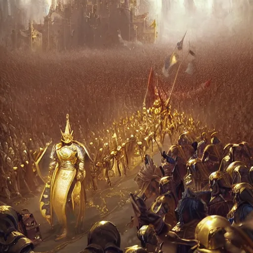 Image similar to Coronation ceremony of a young new king wearing a golden armor and he is surrounded by his subjects and guards, fantasy, highly detailed, digital painting, artstation, concept art, illustration, art by Bayard Wu and Marc Simonetti