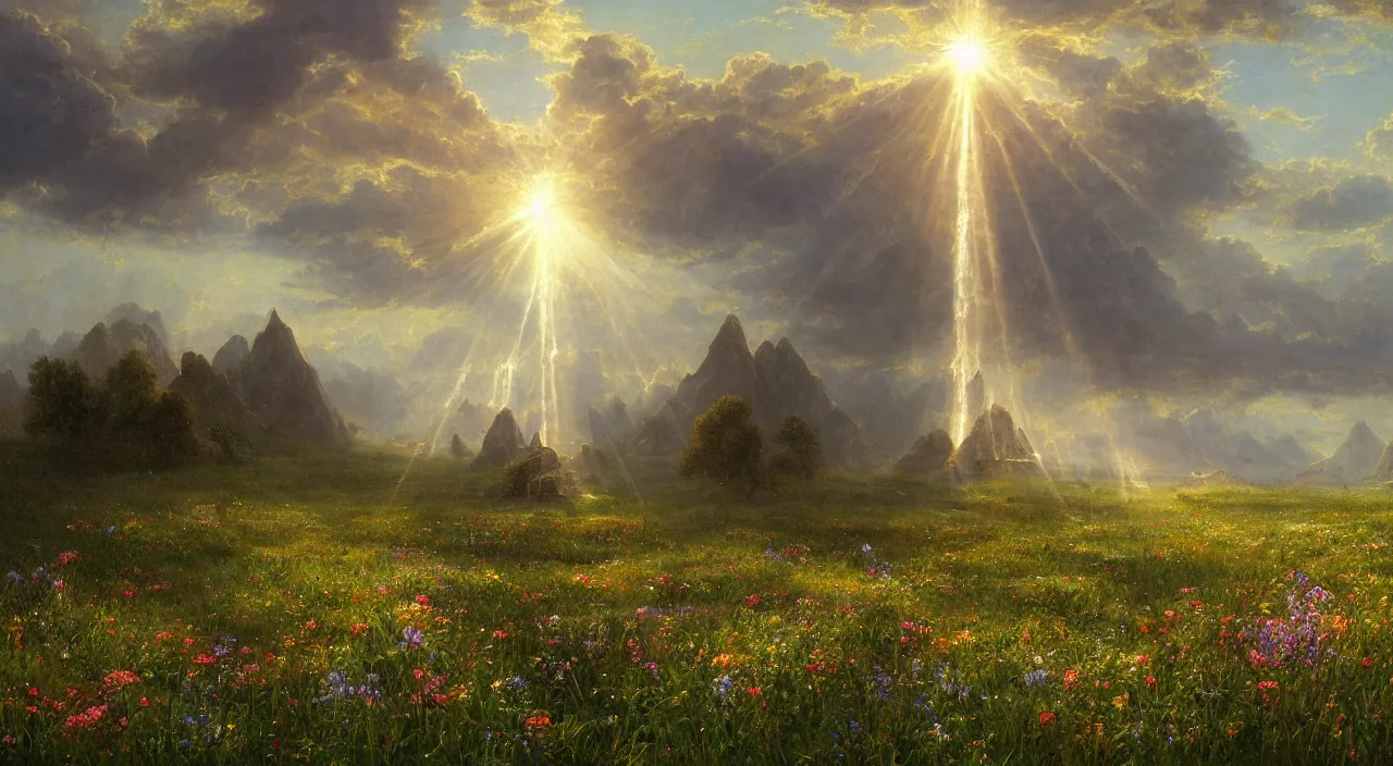 Image similar to rhythmic interval tectonic surfaces as resonant waves of harmonic organic mystical megastructure crystal lattice pyramid architectures exploding with light and god rays in a meadow full of wildflowers by albert bierstadt, by glen small, photorealistic, god rays, octane, depth of field, bladerunner