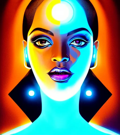 Image similar to symmetry!! egyptian goddess of technology, solid cube of light, hard edges, product render retro - futuristic poster scifi, lasers and neon circuits, brown skin beautiful egyptian goddess, intricate, elegant, highly detailed, digital painting, artstation, concept art, smooth, sharp focus, illustration, dreamlike, art by artgerm