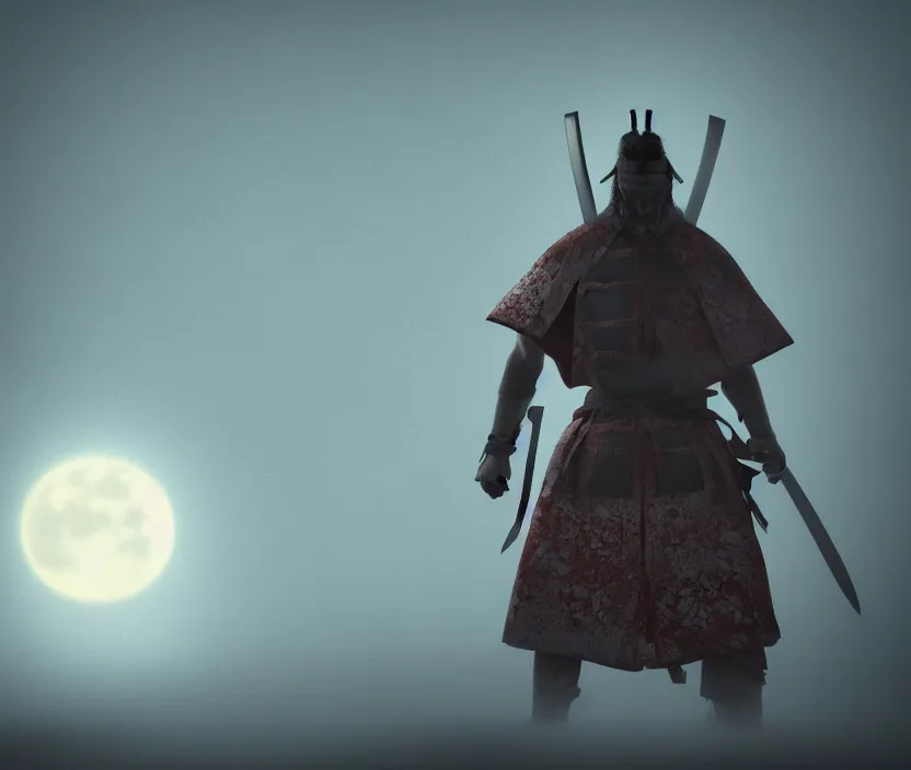 Image similar to 'a samurai! haunted by souls with a big full moon on background , gloomy and foggy atmosphere, octane render, artstation , horror scene, highly detailded'