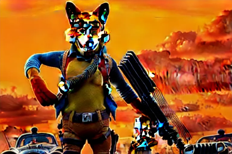 Image similar to nick wilde, heavily armed and armored facing down armageddon in a dark and gritty reboot from the makers of mad max : fury road : witness me