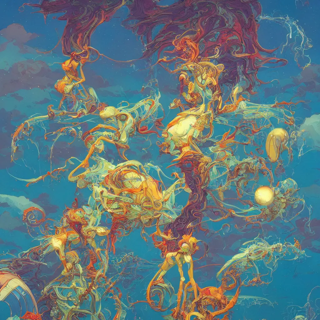 Image similar to colourful breathtakingly weird beautiful powerful magical wonderfully majestic beautifully cool character by michael whelan and moebius and beeple and kilian eng and dan mcpharlin and pascal blanche and jamie hewlett and richard dadd, symmetrical, magical stormy reflections, smoke on water, 8 k artstation