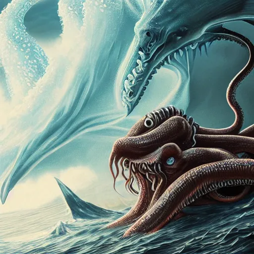 Image similar to huge sea monster, cthulhu, octopus, tentacles, towering over you, colossal giant, mythical sea creature, epic, waves, rough ocean, gigantic huge sea monster, extremely detailed, intricate digital art, 8 k