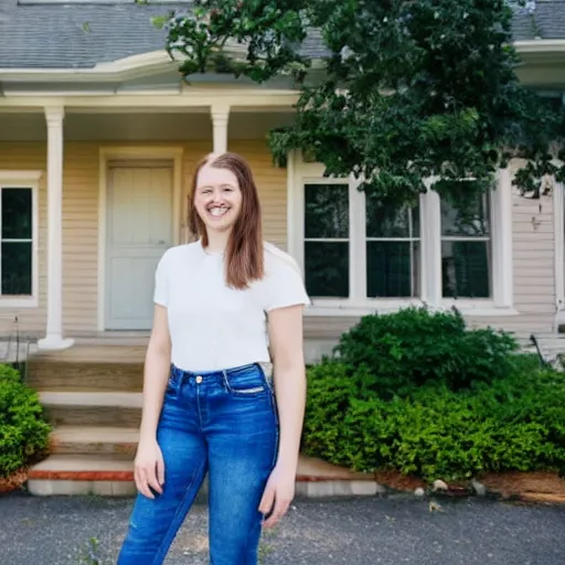 Prompt: portrait of a young woman who just bought a new house and is proudly showing it off