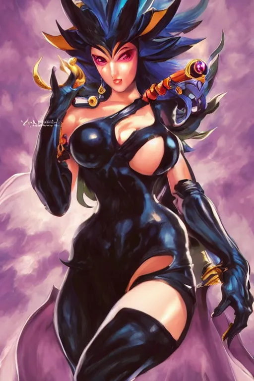 Image similar to Morgana from Darkstalkers in a spinoff in blade and soul artbook on a render by the artist Hyung tae Kim, Jiyun Chae, Joe Madureira, trending on Artstation by Hyung tae Kim, artbook, Stanley Artgerm Lau, WLOP, Rossdraws , James Gurney