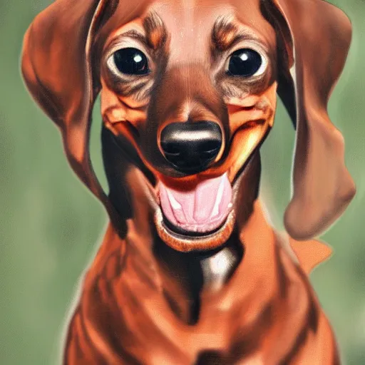 Image similar to very detailed portrait of a very happy dachshund, with a big smile