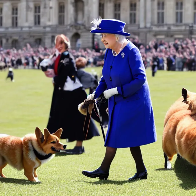 Prompt: photo of queen elizabeth riding a corgi like a horse on the lawn in front of buckingham palace, paparazzi photo, 4 0 0 mm f / 3. 5
