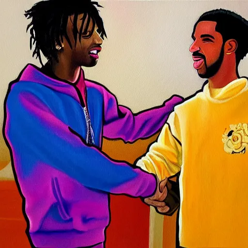 Prompt: painting of Playboi Carti shaking hands with Drake