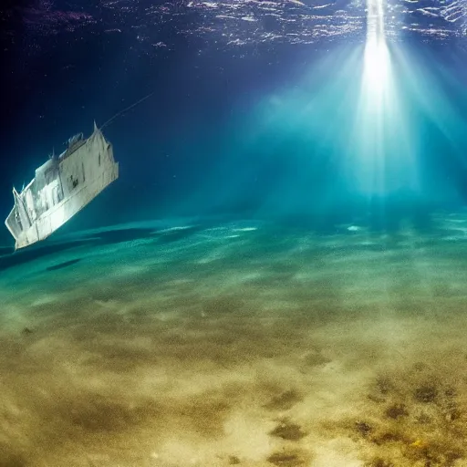 Prompt: good rays underwater with jelly fish swimming around a massive star destroyer