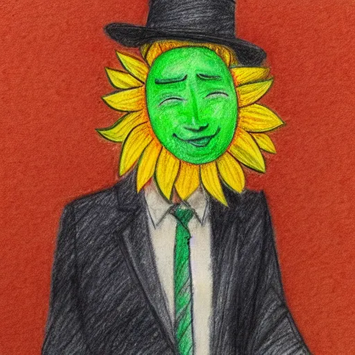 Image similar to man with a sunflower instead of a head wearing a business suit, color pencil sketch