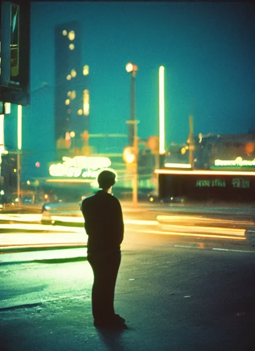 Image similar to Waiting in the car Waiting for the ride in the dark At night the city grows Look at the horizon glow Drinking in the lounge Following the neon signs Waiting for a word Looking at the milky skyline The city is my church It wraps me in its blinding twilight, cinestill 800