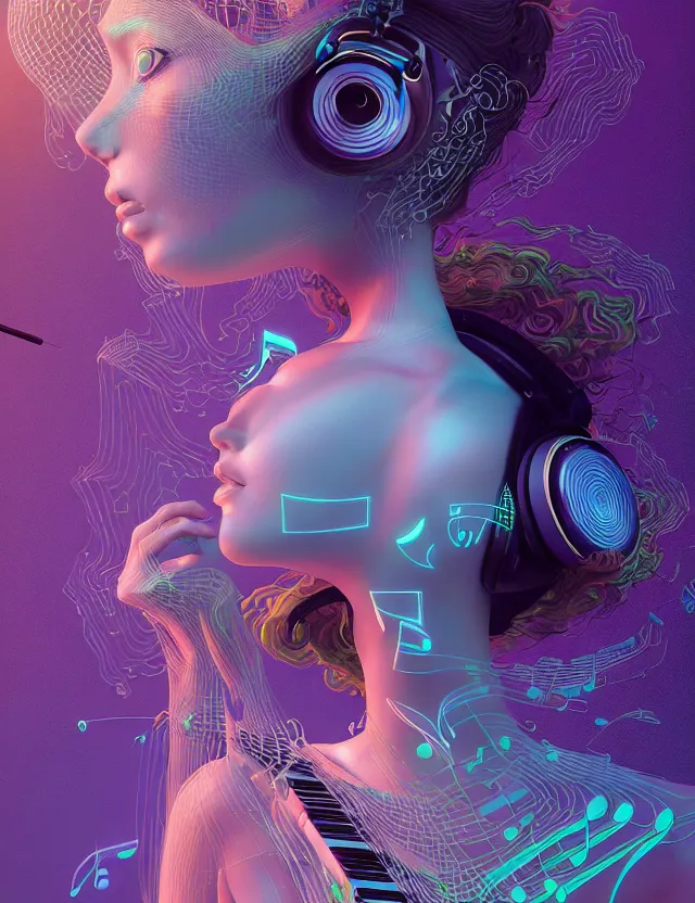 Image similar to 3 d goddess of music and 🔊 wide angle portrait with musical notes, headphones, subwoofers, and speakers. music, wave frequencies, cymatics. auditory symbiogenesis, synaesthesia, polyphonic communication, sonic projection, artwork by tooth wu and android jones wlop and android jones and beeple and greg rutkowski