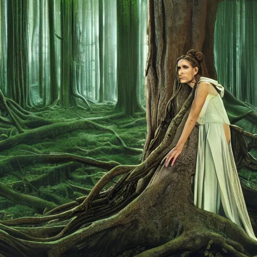 Image similar to Portrait of Carrie Fisher in Star Wars (1977) as a dryad, characteristic sparkling green eyes, looking straight to the camera, illuminated for rays of light, behind her is an ancient forest full of life, by Annie Leibovitz, Ellie Victoria Gale and Steve McCurry, matte painting, oil painting, naturalism, 4k, 8k