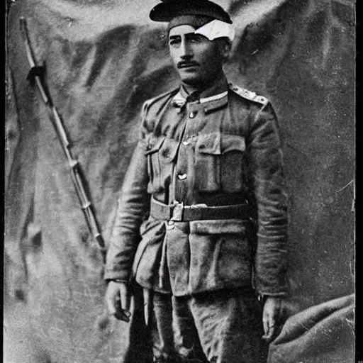 Prompt: Kurdish soldier wearing Kurdish clothes, ww1 trench, war photo, award winning photo