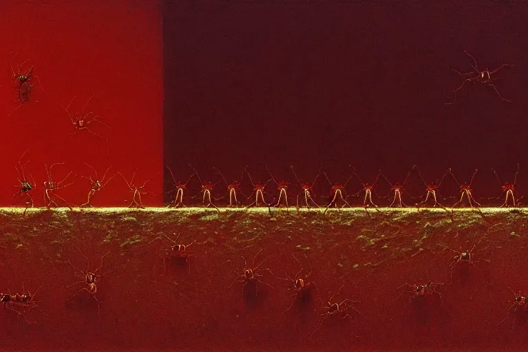 Image similar to a line of ants heading up an outside wall towards a pie cooling in the window, in the style of beksinski, intricate and epic composition, red by caravaggio, insanely quality, highly detailed, masterpiece, purple light, artstation, 4 k